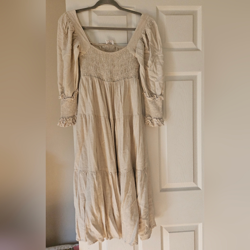 Girl and the Sun Bambi Maxi Dress XS Oatmeal Linen Blend Cottagecore Smocked - Picture 4 of 9
